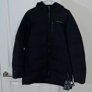 New $275 Eddie Bauer EB550 Mens Black Down Filled hooded parka coat Jacket L